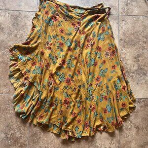 Anthropologie Yellow Wrap-Around Asymmetrical Skirt with Floral Accents